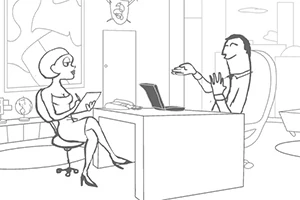 Whack Your PC Δύο άτομα συζητούν σε γραφείο, με τον έναν πίσω από γραφείο και τον άλλον σε καρέκλα με σημειωματάριο