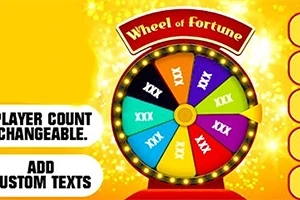 Τροχός με πολύχρωμα τμήματα και επιγραφή Wheel of Fortune σε φόντο με χρυσές σπινθηροβολίες