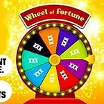 Τροχός με πολύχρωμα τμήματα και επιγραφή Wheel of Fortune σε φόντο με χρυσές σπινθηροβολίες