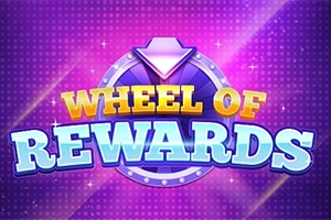 Τροχός με την επιγραφή Wheel of Rewards σε φωτεινό μωβ φόντο με λαμπερά εφέ