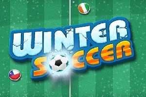 Κείμενο Winter Soccer σε μπλε και πορτοκαλί αποχρώσεις με φόντο πράσινο γήπεδο ποδοσφαίρου και μπάλες στις άκρες