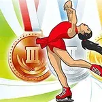 Μια γυναίκα με κόκκινη στολή κάνει φιγούρα πατινάζ μπροστά από τρία μετάλλια: χρυσό, ασημένιο και χάλκινο