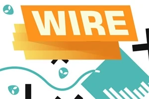 Γραφικό με τη λέξη WIRE σε πορτοκαλί φόντο, με αφηρημένα σχήματα σε λευκό και γαλάζιο