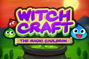 Τίτλος Witch Craft με ποικιλόχρωμα πρόσωπα κοντά σε μαγικό καζάνι στο φόντο ηλιοβασιλέματος