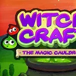 Τίτλος Witch Craft με ποικιλόχρωμα πρόσωπα κοντά σε μαγικό καζάνι στο φόντο ηλιοβασιλέματος