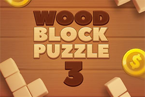 Ξύλινο φόντο με την επιγραφή Wood Block Puzzle 3 και ξύλινα μπλοκ στις γωνίες