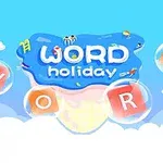 Γραφικό με λέξεις WORD holiday πάνω σε σχήμα παγωτού και γράμματα W, O, R, D μέσα σε φούσκες, με φόντο σύννεφα