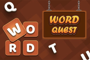 Πινακίδα με την επιγραφή WORD QUEST δίπλα σε διάσπαρτα γράμματα και τετράγωνα με γράμματα
