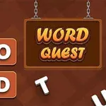 Πινακίδα με την επιγραφή WORD QUEST δίπλα σε διάσπαρτα γράμματα και τετράγωνα με γράμματα