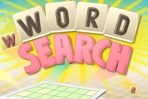 Η εικόνα δείχνει τη λέξη WORD SEARCH με πολύχρωμα γράμματα μπροστά από φωτεινό φόντο με ακτίνες και τετράγωνο πλέγμα στο κάτω μέρος