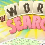 Η εικόνα δείχνει τη λέξη WORD SEARCH με πολύχρωμα γράμματα μπροστά από φωτεινό φόντο με ακτίνες και τετράγωνο πλέγμα στο κάτω μέρος