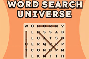 Πορτοκαλί αφίσα με τον τίτλο «WORD SEARCH UNIVERSE» και πλέγμα αναζήτησης λέξεων με κυκλωμένες λέξεις