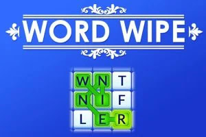 Λευκός τίτλος WORD WIPE σε μπλε φόντο με διακοσμητικά στοιχεία και πράσινα γράμματα σε τετραγωνάκια από κάτω
