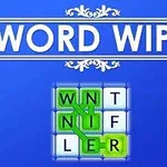 Λευκός τίτλος WORD WIPE σε μπλε φόντο με διακοσμητικά στοιχεία και πράσινα γράμματα σε τετραγωνάκια από κάτω