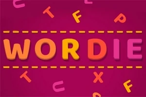 Η εικόνα δείχνει τη λέξη WORDIE με κεφαλαία γράμματα σε φωτεινά χρώματα πάνω σε ροζ φόντο με διάσπαρτα γράμματα