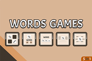 Λογότυπο με τον τίτλο WORDS GAMES και πέντε εικονίδια σε καφέ φόντο