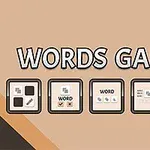 Λογότυπο με τον τίτλο WORDS GAMES και πέντε εικονίδια σε καφέ φόντο