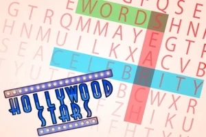 Σταυρόλεξο με λέξεις όπως WORDS, SEA και CELEBRITY, με το λογότυπο HOLLYWOOD STARS σε μπλε χρώμα