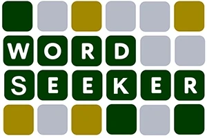 Πράσινα και γκρι τετράγωνα με τη φράση WORD SEEKER σχηματισμένη από λευκά γράμματα