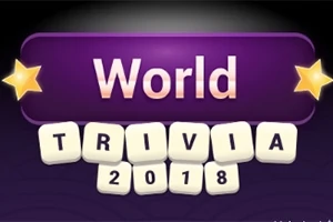 Μωβ πινακίδα με τη λέξη World και από κάτω γράμματα που σχηματίζουν τη φράση Trivia 2018 με αστέρια στις γωνίες