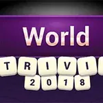 Μωβ πινακίδα με τη λέξη World και από κάτω γράμματα που σχηματίζουν τη φράση Trivia 2018 με αστέρια στις γωνίες