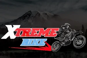 Λογότυπο με τη φράση Xtreme Bike και σχέδιο μοτοσικλέτας μπροστά από ορεινό τοπίο