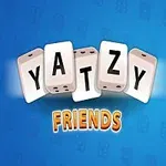 Κύβοι με γράμματα που σχηματίζουν τη λέξη «YATZY» και τη λέξη «FRIENDS» σε μπλε φόντο με χαρούμενο ζάρι και πίνακα αποτελεσμάτων