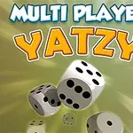 Ζάρια που κυλούν με τον τίτλο MULTI PLAYER YATZY σε φόντο με πράσινες ακτίνες