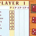 Πίνακας σκορ με την ένδειξη PLAYER 1 και τρεις κόκκινους ζαριές με λευκές κουκκίδες τοποθετημένες σε ξύλινη επιφάνεια