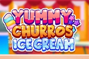 Χρωματιστό γραφικό με τη φράση Yummy Churros Ice Cream και φωτεινά διακοσμητικά στοιχεία