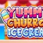 Χρωματιστό γραφικό με τη φράση Yummy Churros Ice Cream και φωτεινά διακοσμητικά στοιχεία