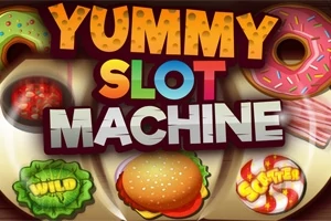Πολύχρωμη εικόνα με επιγραφές Yummy Slot Machine και φαγητά όπως μπέργκερ, ντόνατς και γλυκά