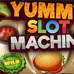 Πολύχρωμη εικόνα με επιγραφές Yummy Slot Machine και φαγητά όπως μπέργκερ, ντόνατς και γλυκά
