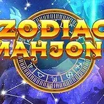 Ουράνιο φόντο με τον τίτλο Zodiac Mahjong πάνω από έναν ζωδιακό κύκλο
