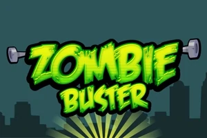 Πράσινος φωτεινός τίτλος Zombie Buster με φόντο σκιασμένη πόλη και βαράκια στις άκρες του