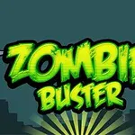 Πράσινος φωτεινός τίτλος Zombie Buster με φόντο σκιασμένη πόλη και βαράκια στις άκρες του