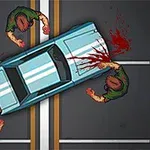 Μπλε αυτοκίνητο συγκρούεται με ανθρωπόμορφες φιγούρες σε διάβαση πεζών με ορατά αίματα