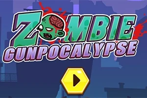 Χρωματιστός τίτλος με λέξεις Zombie Gunpocalypse και κινούμενο σχέδιο ζόμπι σε μπλε φόντο