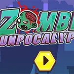 Χρωματιστός τίτλος με λέξεις Zombie Gunpocalypse και κινούμενο σχέδιο ζόμπι σε μπλε φόντο