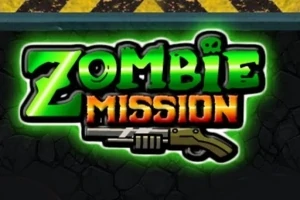 Λογότυπο με τη λέξη Zombie Mission σε πράσινο και πορτοκαλί φωτισμό, με μια εικόνα ενός όπλου από κάτω