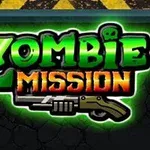 Λογότυπο με τη λέξη Zombie Mission σε πράσινο και πορτοκαλί φωτισμό, με μια εικόνα ενός όπλου από κάτω