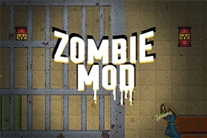 Μεγάλος τίτλος ZOMBIE MOD σε σκοτεινό φόντο με φυλακή και ζόμπι