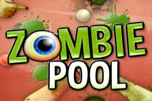 Η εικόνα δείχνει τη λέξη Zombie Pool με πράσινα γράμματα και ένα μπλε μάτι στο O, πάνω σε φόντο με πιτσιλιές και χέρια ζόμπι
