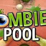 Η εικόνα δείχνει τη λέξη Zombie Pool με πράσινα γράμματα και ένα μπλε μάτι στο O, πάνω σε φόντο με πιτσιλιές και χέρια ζόμπι