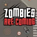 Κείμενο Zombies Are Coming με φόντο δρόμο και φιγούρα ζόμπι