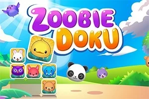 Χρωματιστά καρτούν ζώων με τον τίτλο Zoobie Doku σε ένα φωτεινό, παιδικό τοπίο
