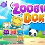 Χρωματιστά καρτούν ζώων με τον τίτλο Zoobie Doku σε ένα φωτεινό, παιδικό τοπίο