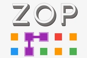 Η εικόνα περιλαμβάνει τη λέξη ZOP με σκίαση και πολύχρωμα τετράγωνα από κάτω με μωβ γραμμές που συνδέουν κάποια από αυτά